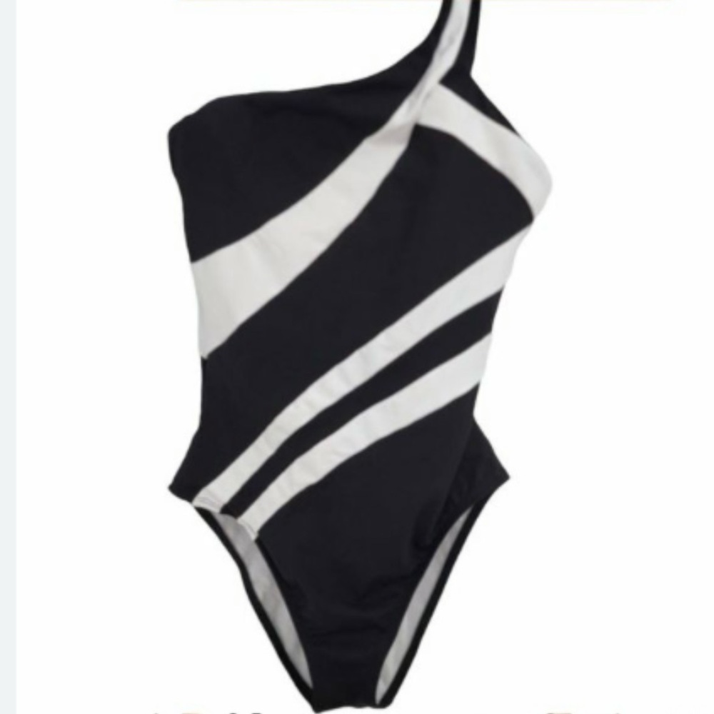Kenneth Cole New York Black and White One-Piece Swimsuit Asymmetrical Design - Picture 2 of 5